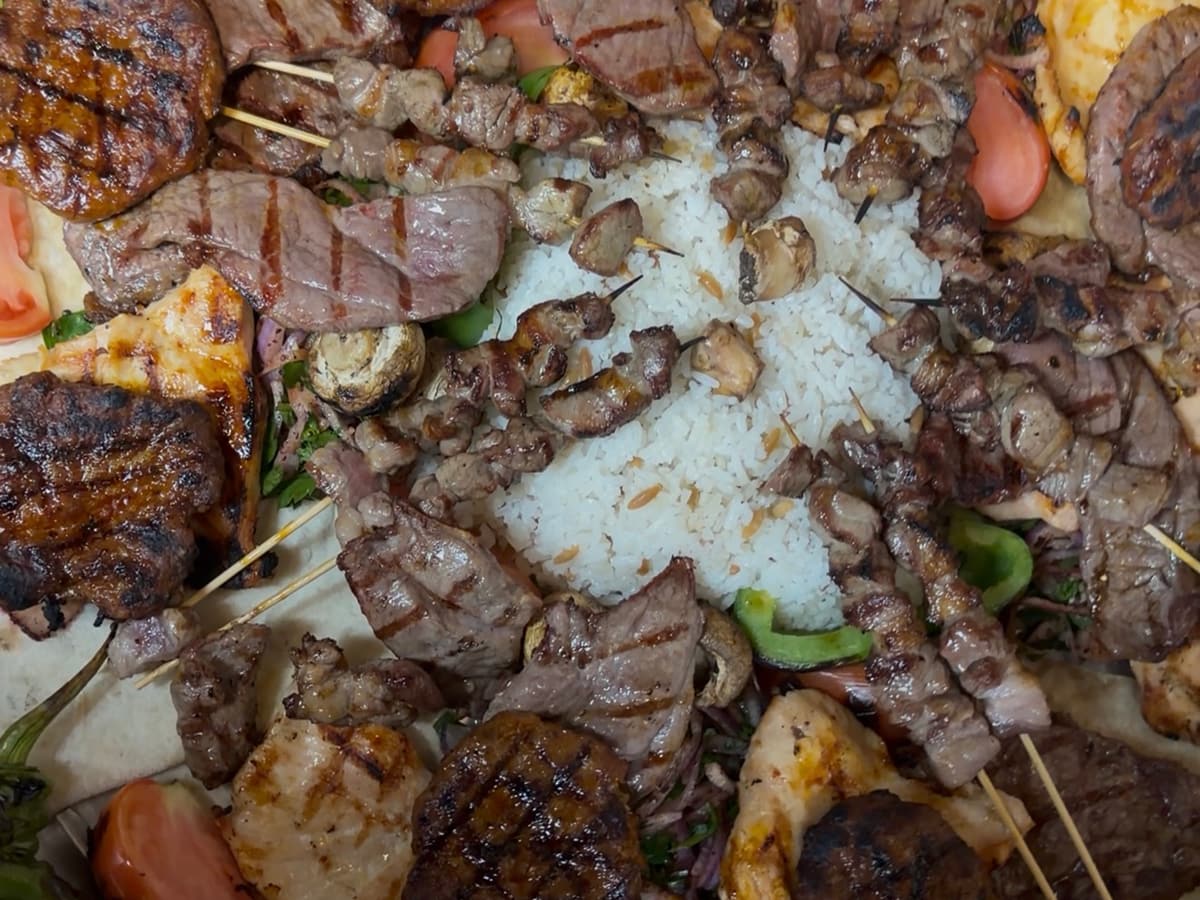 A mixed grill platter of shish and köfte